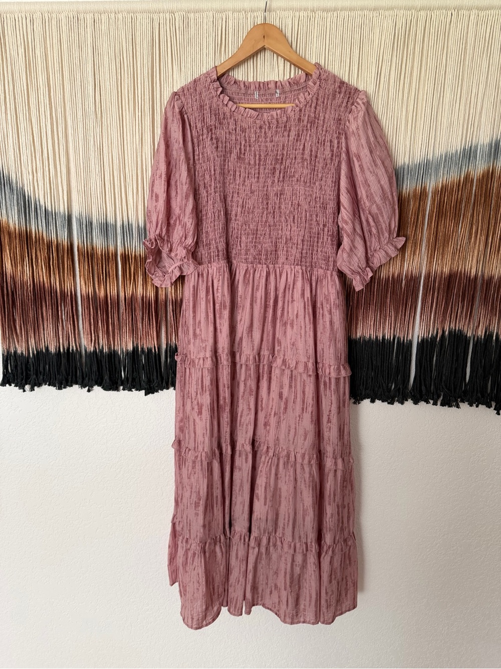 Smocked Tiered Midi Dress in Dusty Rose